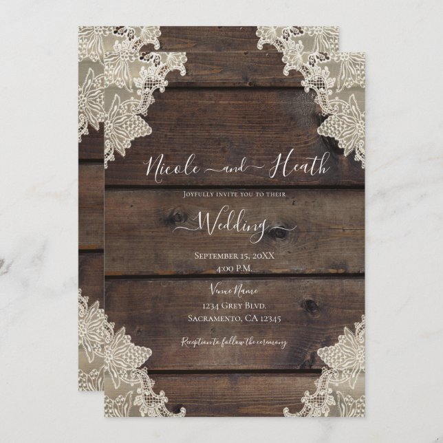Rustic Barn Wood & Lace Romantic Elegant Wedding  Invitation (Front/Back)