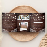 Rustic Barn Wood Lace String Lights Photo Wedding Tri-Fold Invitation<br><div class="desc">Amaze your guests with this elegant wedding invitation featuring beautiful string light bulbs and white lace with modern typography on a rustic barn wood background with detachable RSVP card. Simply add your event details on this easy-to-use template and adorn this card with your favourite photos make it a unique personalised...</div>