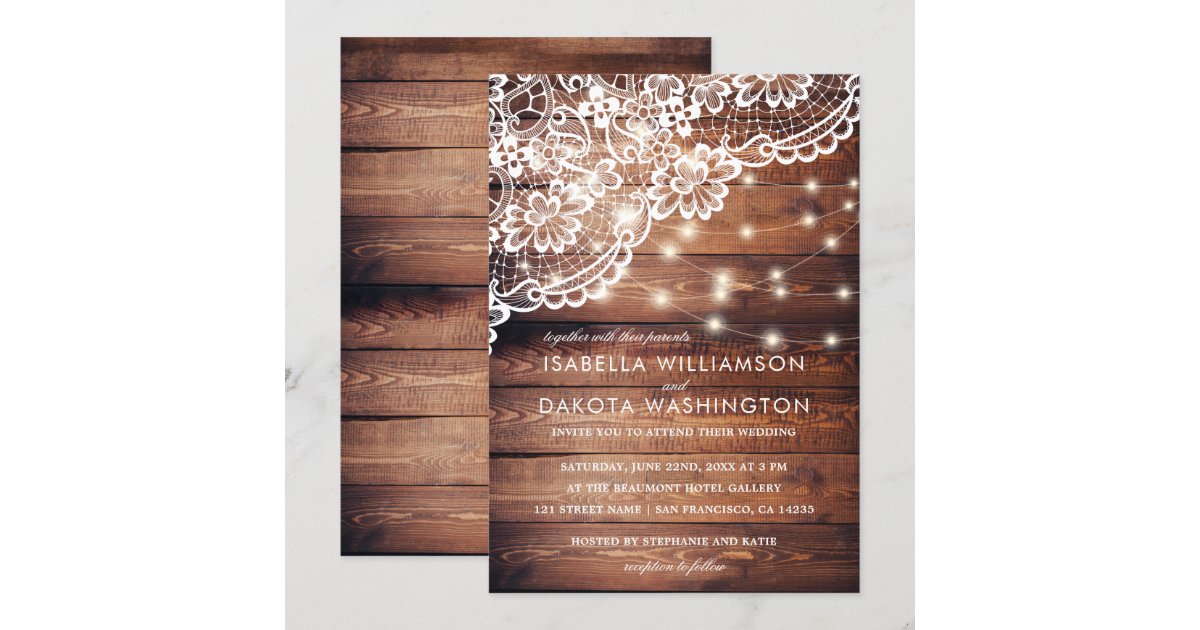 Rustic Barn Wood Lace & String Lights Wedding Invitation | Zazzle