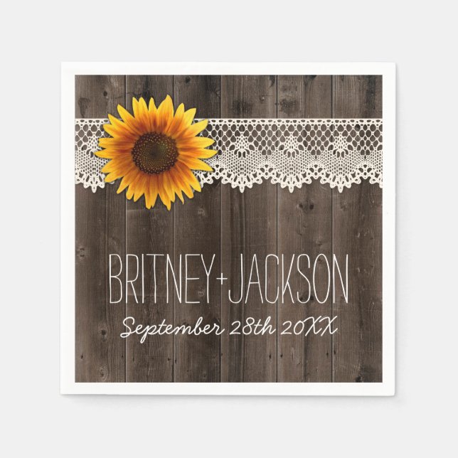 Rustic Barn Wood Lace Sunflower Wedding Napkins (Front)