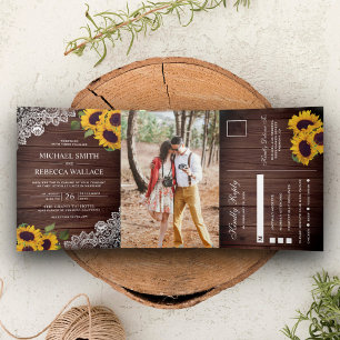Rustic Barn Wood Lace Sunflower Wedding Photo Tri-Fold Invitation