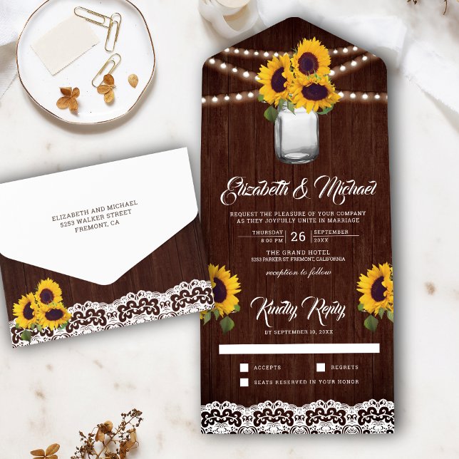 Rustic Barn Wood Lace Sunflowers Mason Jar Wedding All In One Invitation (Creator Uploaded)