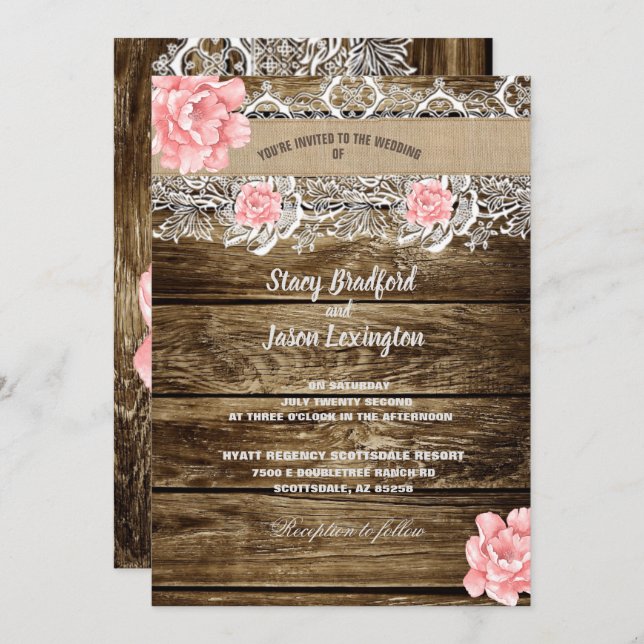 Rustic Barn Wood & Lace Wedding Invitation (Front/Back)
