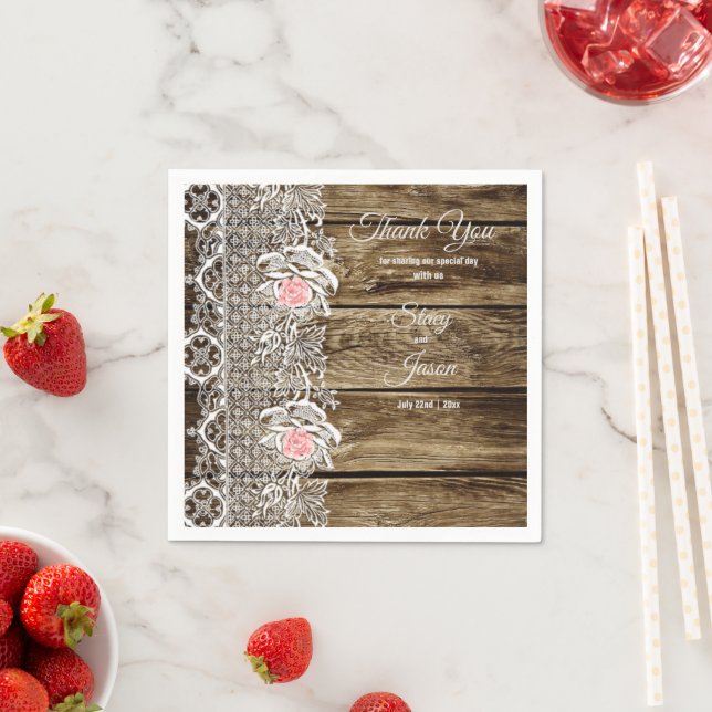 Rustic Barn Wood & Lace Wedding Paper Napkin (Insitu)