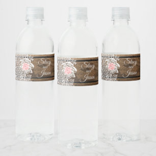 Rustic Barn Wood & Lace Wedding Water Bottle Label