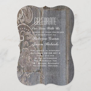 rustic barn wood lace western country wedding invitation