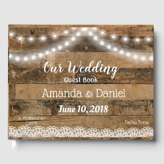 Rustic Barn Wood Lights Lace Wedding Guest Book
