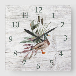 Rustic Barn Wood Mallard Duck Reeds Greenery Square Wall Clock