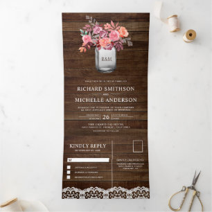 Rustic Barn Wood Marsala Floral Mason Jar Wedding Tri-Fold Invitation