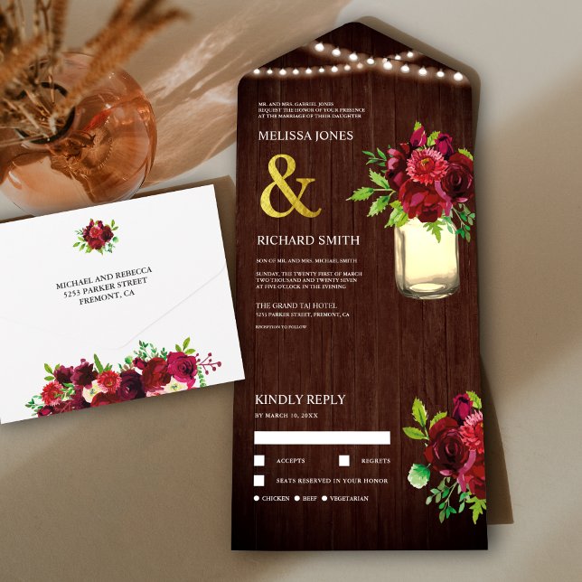Rustic Barn Wood Mason Jar Burgundy Floral Wedding All In One Invitation (Creator Uploaded)