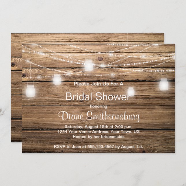 Rustic Barn Wood Mason Jar Lights Bridal Shower Invitation (Front/Back)
