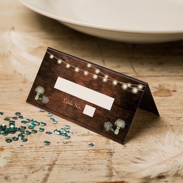 Rustic Barn Wood Mason Jar String Lights Wedding Place Card (Creator Uploaded)