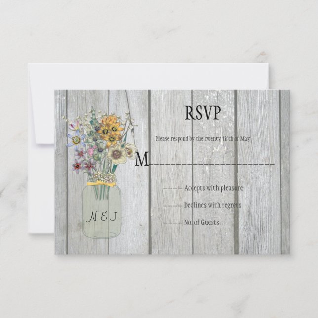 Rustic Barn Wood Mason Jar Wildflowers RSVP (Front)
