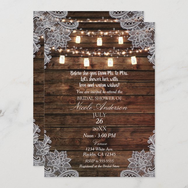 Rustic Barn Wood & Mason Jars Bridal Shower Invitation (Front/Back)