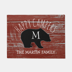 Rustic Barn Wood Monogrammed Bear Happy Campers Doormat