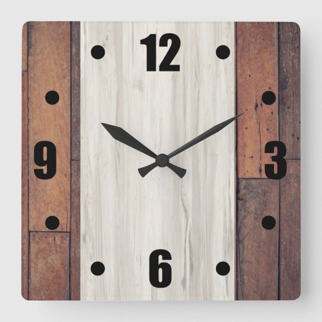  Rustic Barn Wood Natural Wood Block Bold Numbers Square Wall Clock (Front)