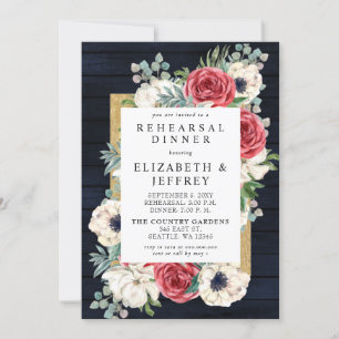 Rustic Barn Wood Navy Burgundy Rehearsal Dinner Invitation
