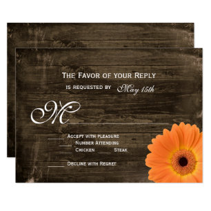 Rustic Barn Wood Orange Daisy Wedding RSVP Cards
