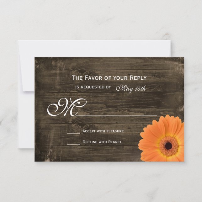 Rustic Barn Wood Orange Daisy Wedding RSVP Cards (Front)