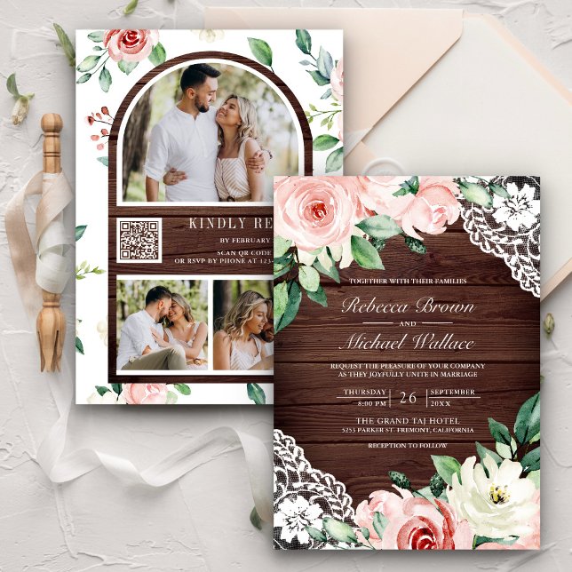 Rustic Barn Wood Peach Floral Lace QR Code Wedding Invitation (Creator Uploaded)