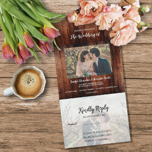 Rustic barn wood photo country Wedding All In One Invitation