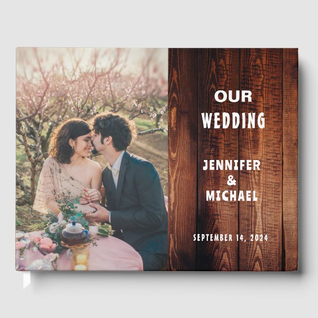 Rustic barn wood photo rural country Wedding Guest Book (Front)