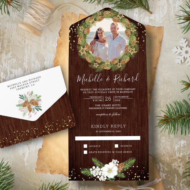 Rustic Barn Wood Pine Cone Photo Christmas Wedding All In One Invitation (Creator Uploaded)