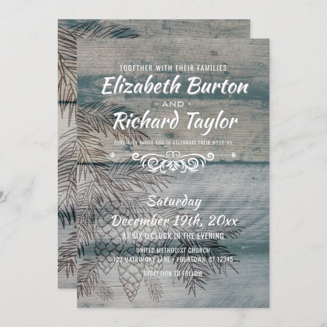 Rustic Barn Wood Pine Tree Winter Wedding Invitation (Front/Back)