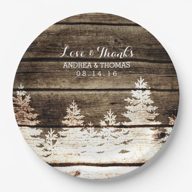 Rustic Barn Wood Pine Trees Winter Wedding Plates (Front)