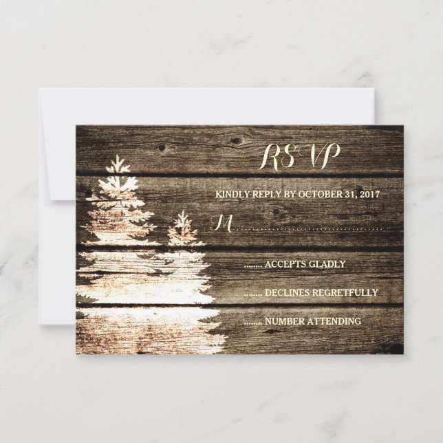 Rustic Barn Wood Pine Trees Winter Wedding RSVP Card (Front)