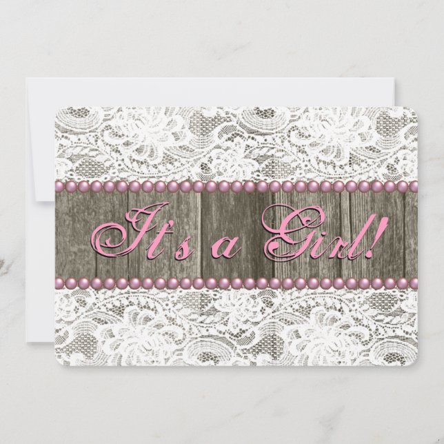 Rustic Barn Wood Pink Pearls and Lace Baby Shower Invitation (Front)
