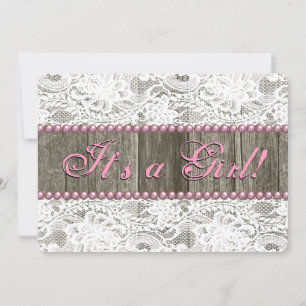 Rustic Barn Wood Pink Pearls and Lace Baby Shower Invitation