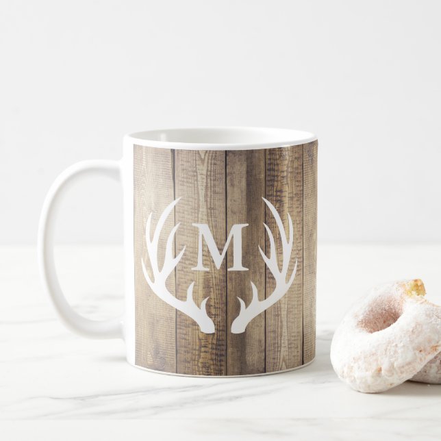 Rustic Barn Wood Planks Farmhouse Deer Antlers Coffee Mug (With Donut)