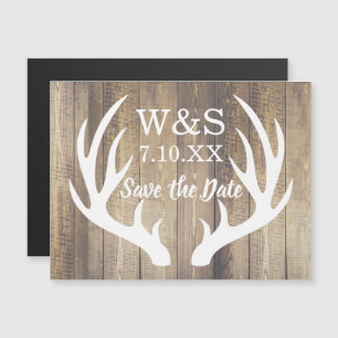 Rustic Barn Wood Planks White Deer Antlers Magnetic Invitation