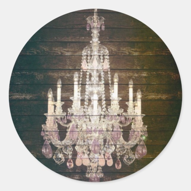 Rustic Barn Wood purple french chandelier Classic Round Sticker (Front)