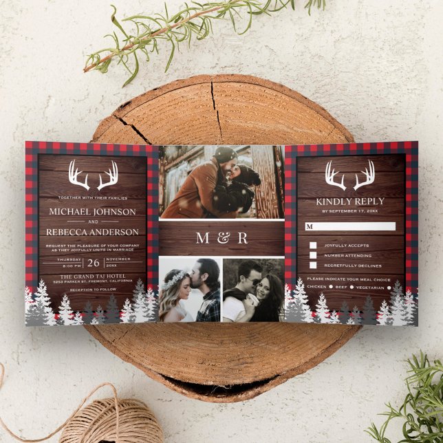 Rustic Barn Wood Red Buffalo Plaid Antlers Wedding Tri-Fold Invitation (Creator Uploaded)
