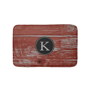 Rustic Barn Wood   Red Monogrammed Initial Bath Mat