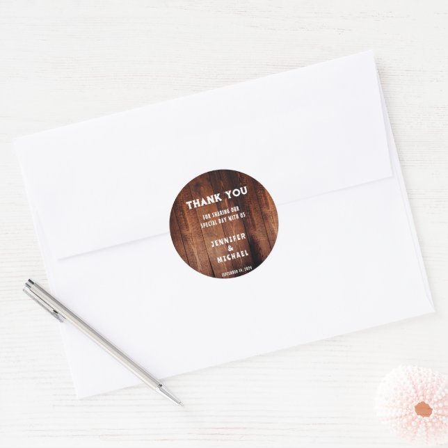Rustic barn wood rural country Wedding Thank You Classic Round Sticker (Envelope)