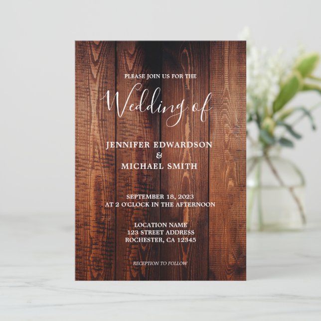 Rustic barn wood script country wedding invitation (Standing Front)