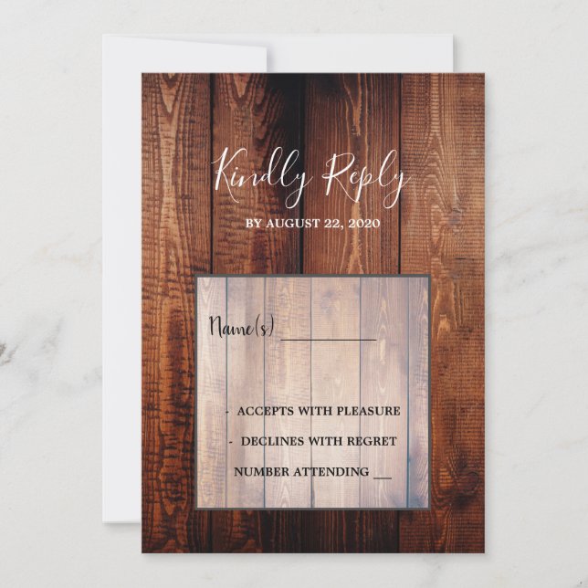 Rustic barn wood script country wedding RSVP Invitation (Front)