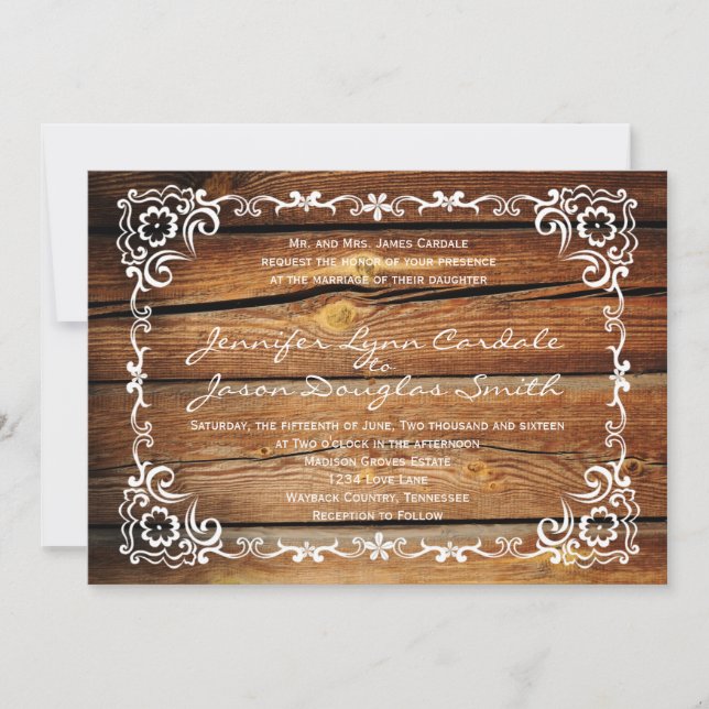 Rustic Barn Wood Scroll Frame Wedding Invitations (Front)