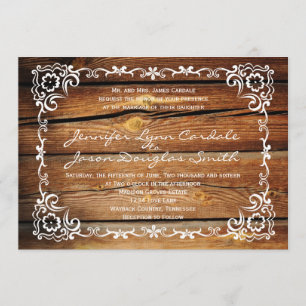 Rustic Barn Wood Scroll Frame Wedding Invitations