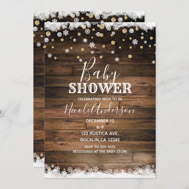 Rustic Barn Wood Silver Gold Winter Baby Shower Invitation (Front/Back)