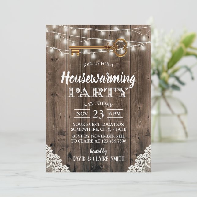 Rustic Barn Wood Skeleton Key Housewarming Party Invitation (Standing Front)