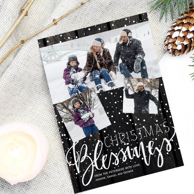 Rustic barn wood snowing Christmas blessings photo Holiday Card (Creator Uploaded)