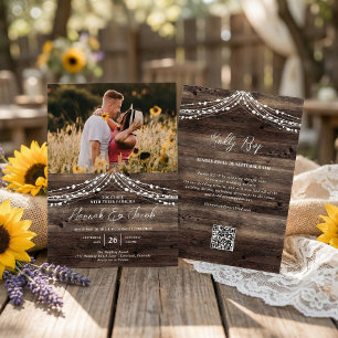 Rustic Barn Wood String Light QR Code RSVP Wedding Invitation