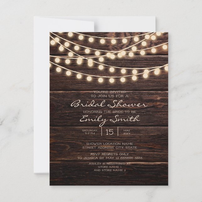 Rustic Barn Wood String Lights Bridal Shower Invitation (Front)