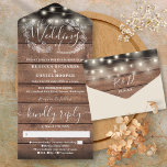Rustic Barn Wood String Lights Floral Wedding All  All In One Invitation<br><div class="desc">All in one wedding invitation featuring pretty string lights,  hand-drawn floral garland and chic typography on a  rustic wood panels background. The invitation includes a perforated RSVP card with meal choice. Designed by Thisisnotme©</div>