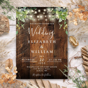 Rustic Barn Wood String Lights Greenery Wedding Invitation