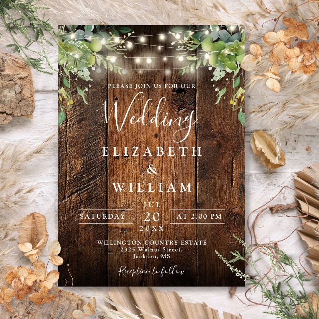 Rustic Barn Wood String Lights Greenery Wedding Invitation (Rustic Barn Wood String Lights Greenery Wedding Invitation)